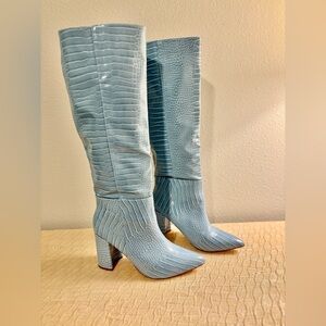 Tall Pointed-Toe Croc-Embossed Knee Boots in Light Blue